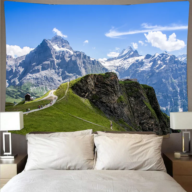 Tapiz de montañas y lagos, paisaje Natural, arte colgante de pared, tela fina, manta de techo para el hogar: 172 x 205 cm / Putty