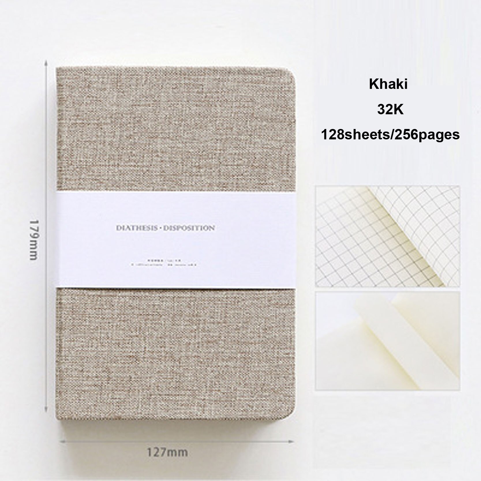 Blank and Grid Paper Notebook Linen Hard Cover 256 Pages Bullet 80 GSM Journal Planner Office School Supplies Stationery: Khaki-32K