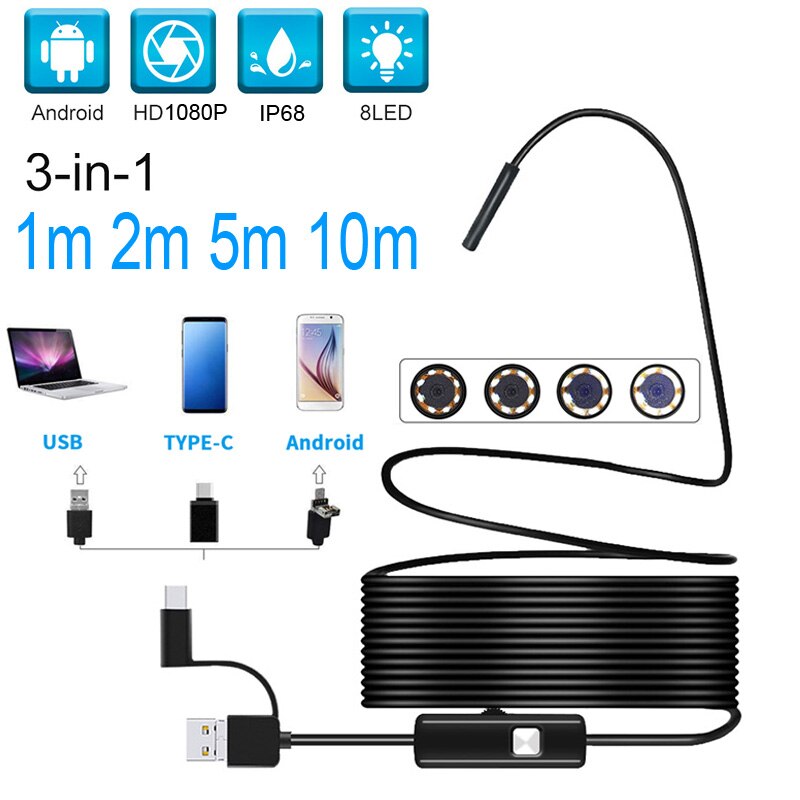 Newest 1080P USB Snake Dual Lens Inspection Camera 2.0 MP IP67 USB Type-C Endoscope with 8 LED for Samsung Huawei Xiaomi PC