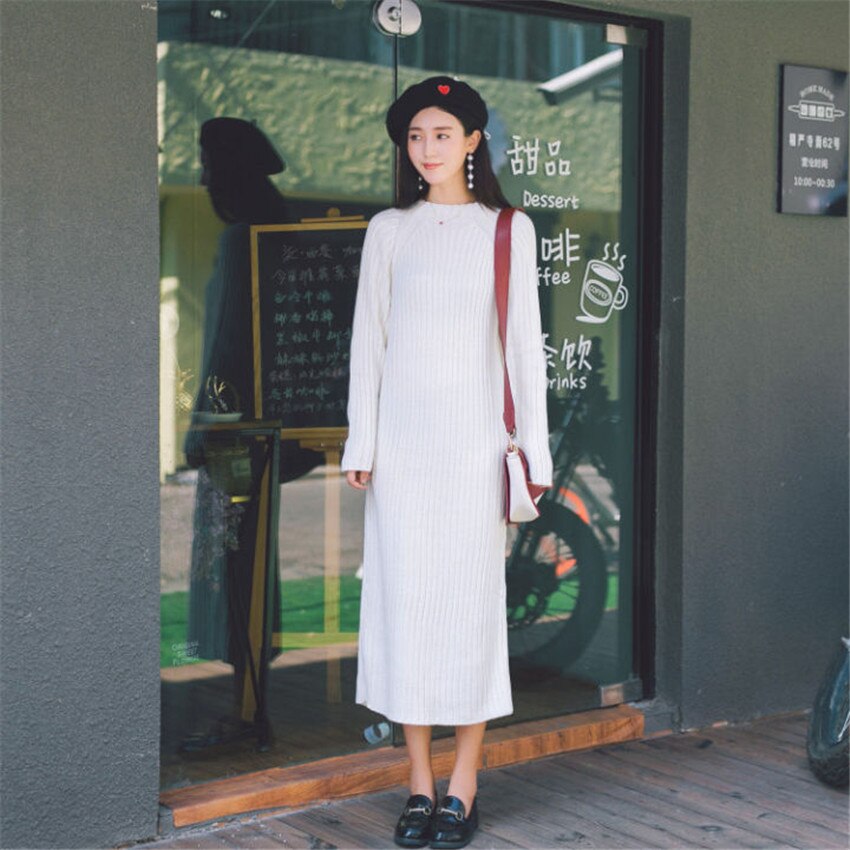 Warm Autumn Winter Slim Knitted Sweater Long Dresses Draped Straight Dress Mid-Calf Black White Thick Casual Dress Mw016