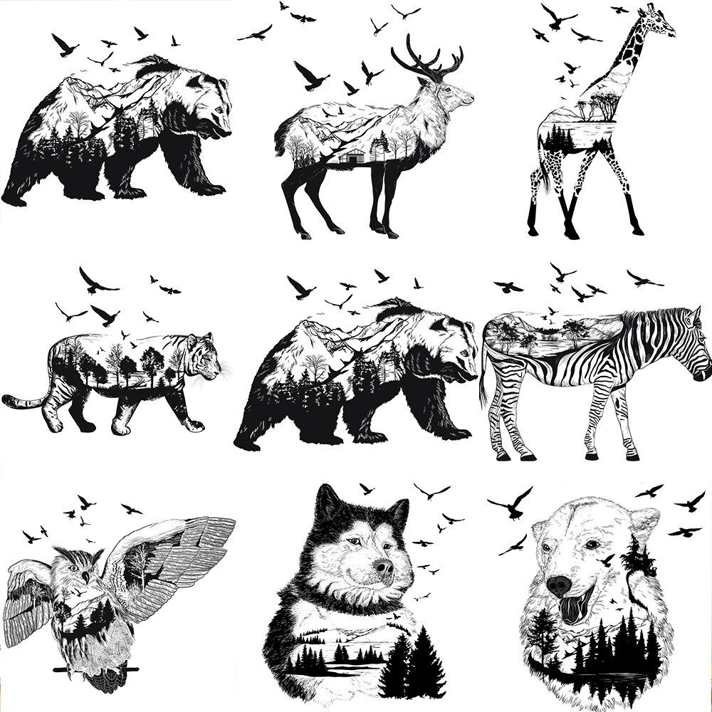 Black White Animal Silhouette Elk Zebra Eagle Horse Wolf Tiger Giraffe Wall Stickers Living Room Bedroom Decor Wallpaper