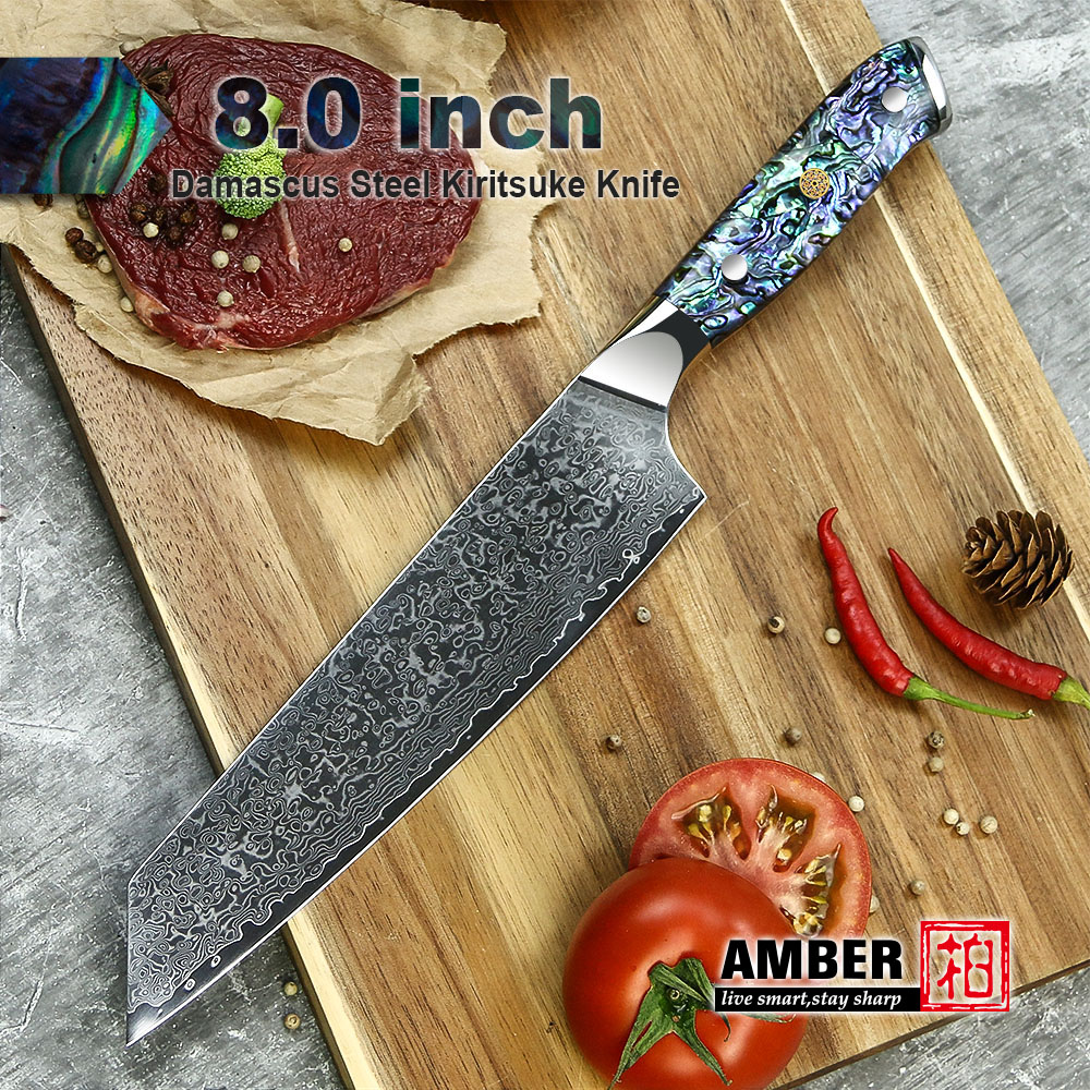 Amber Damascus Mes Professionele Keuken Chef Utility Santoku Steak Uitbenen Cleaver Messen Japanse Mes Abalone Shell Handvat: Kiritsuke