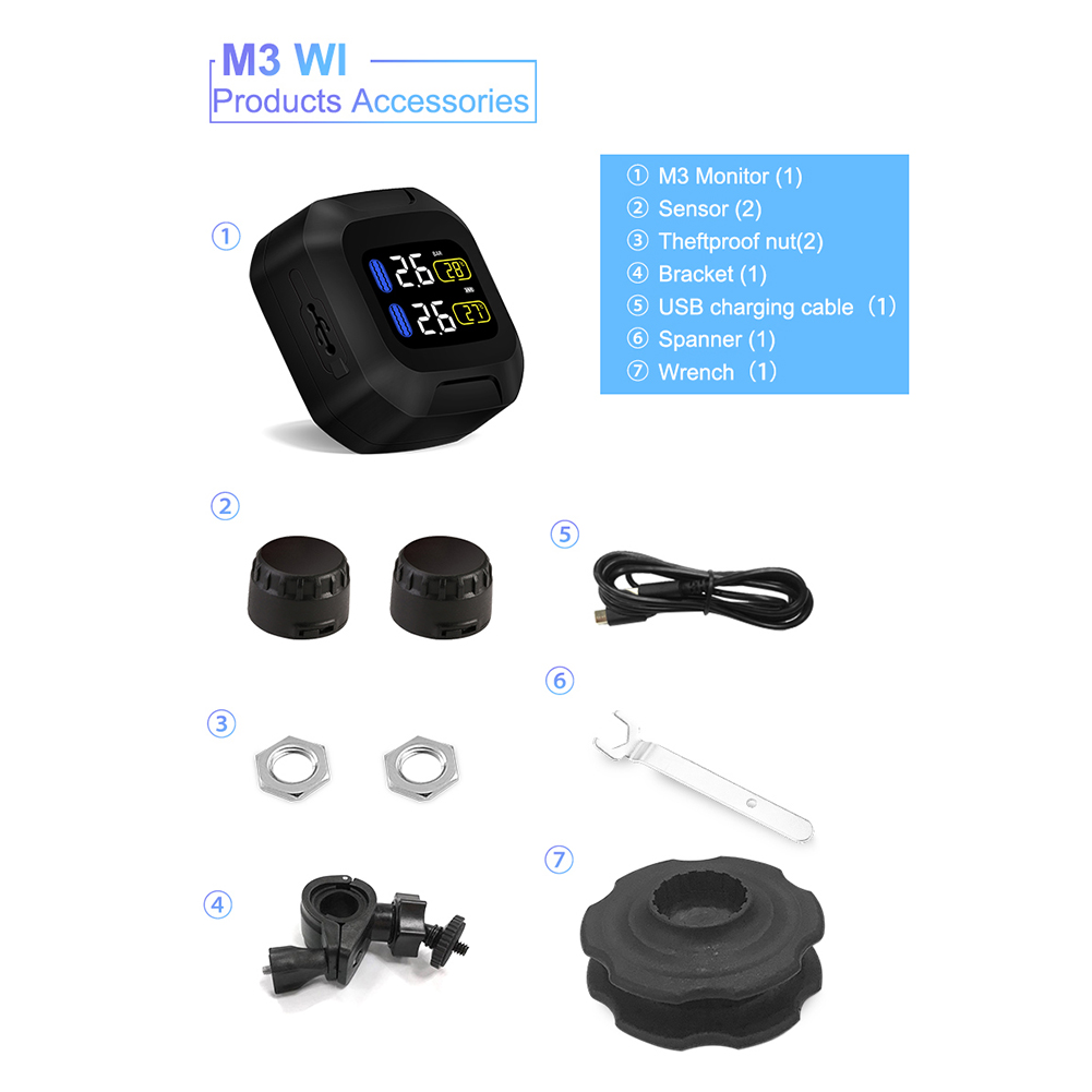 Universal Motorcycle Tire Pressure Monitoring System Super Waterproof Sun Protection Tpms System M3 Real-time Display TPMS: 2 Black sensors