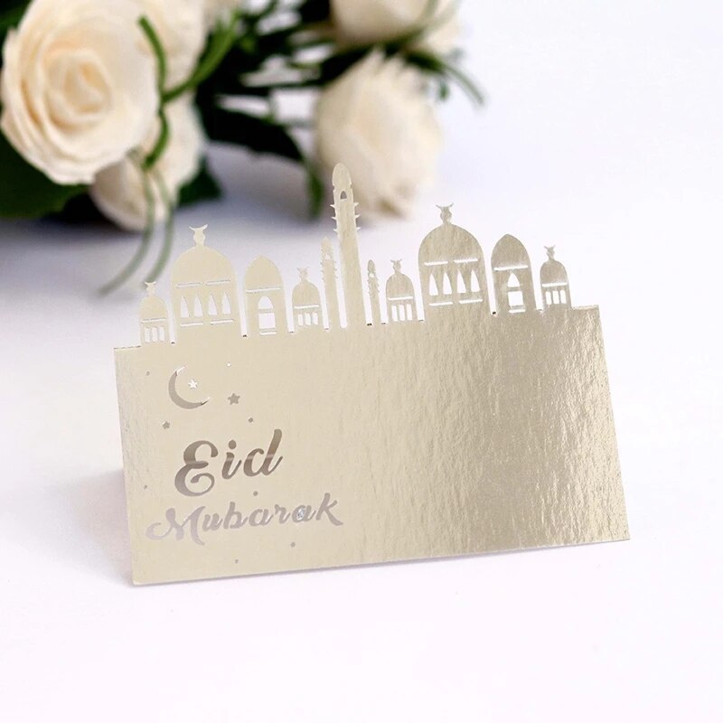 10pcs Ramadan Mubarak Muslim Name Place Card Ramadan Postcards Hollow Out Lace Table Eid Party Table Festival Decorations: silver