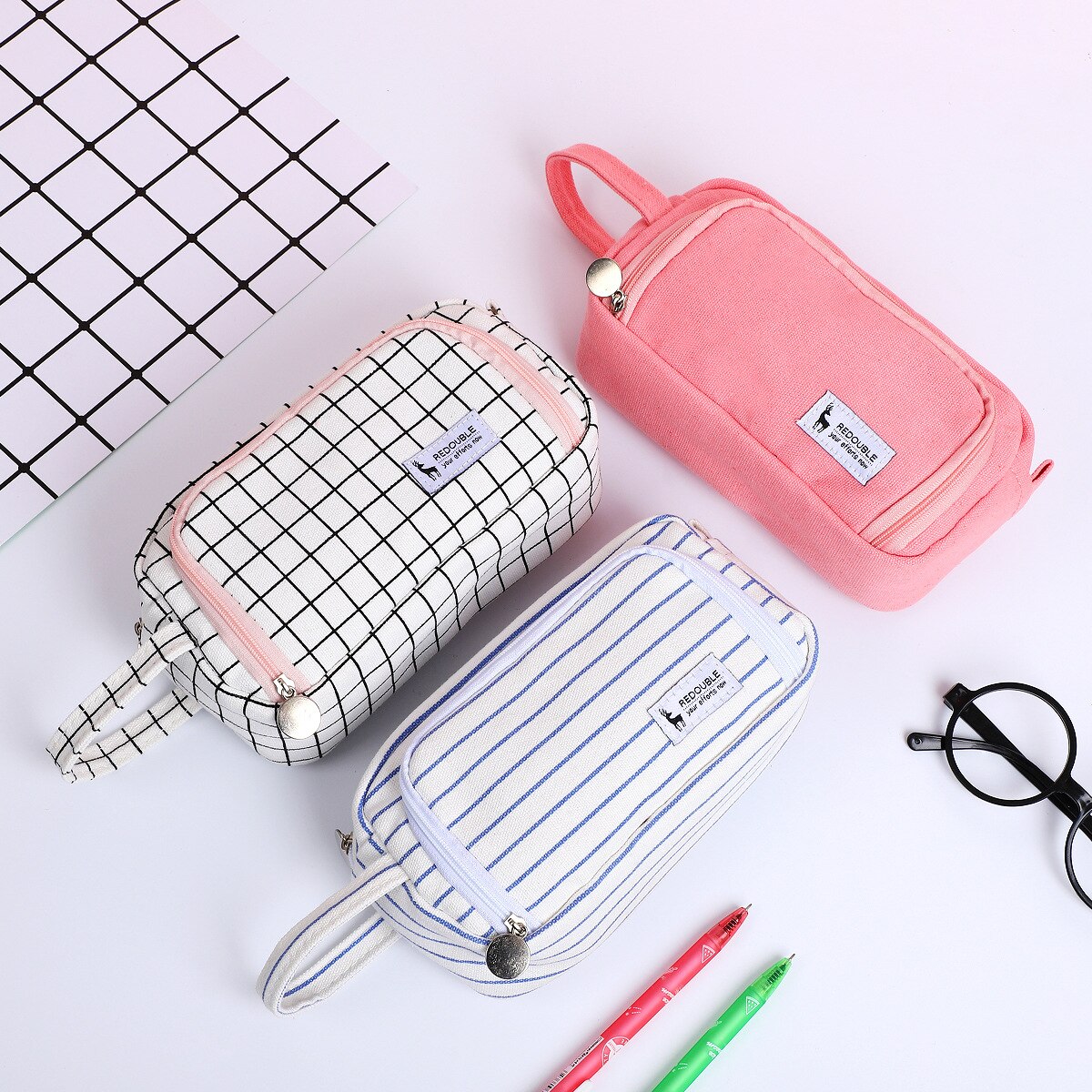 bref grille étudiant Double couche porte-crayon école stylo étui pour filles garçons papeterie grande toile crayon sac estojo escolar
