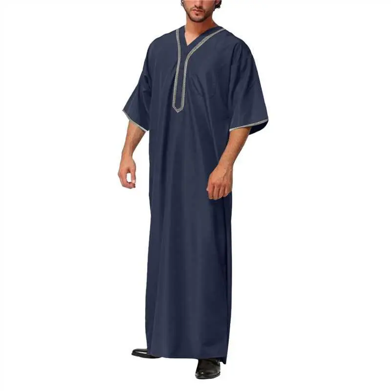 2023 Moslim Mode Mannen Lange Gewaad Effen Losse Knop Kimono Mannen Jubba Thobe Saudi Arabische Kaftan Mannen Shirt Abaya Islamitische kleding: M / Blauw