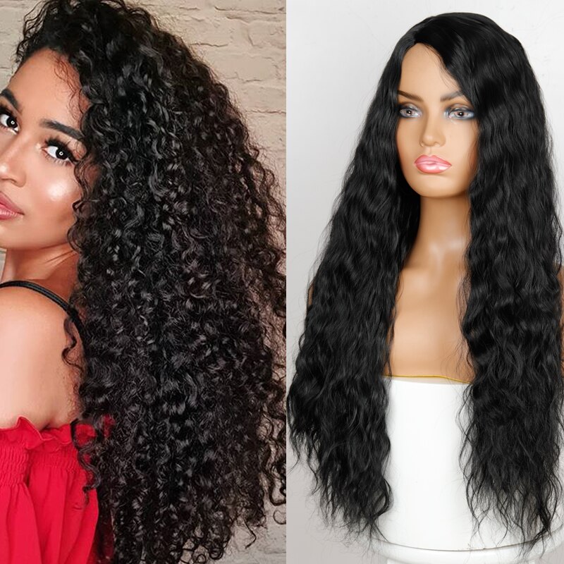 Peluca larga ondulada negra de LingHang, pelucas onduladas sintéticas para mujeres negras, pelucas de parte media Natural, pelo resistente al calor: 9239