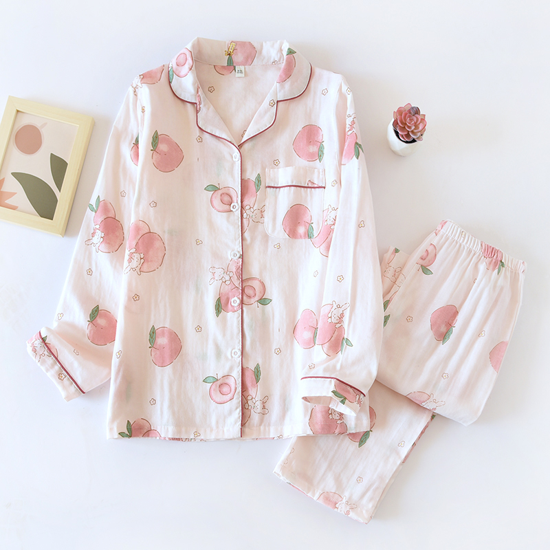 Pijamas de manga larga de gasa para mujer, ropa de casa suave y transpirable, para primavera y verano, servicio a domicilio, 2 piezas: XL
