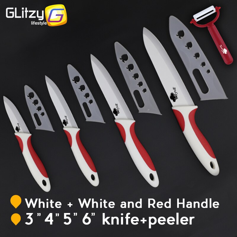 Keramisk kniv zirconia kök kock grönsaker frukt kniv vitt blad 3 " 4 " 5 " 6 " tum + skalare matlagningsset mjukt halkskydd: Röd vit handtag