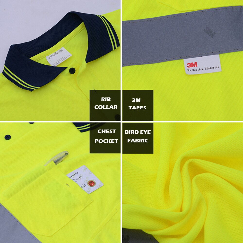 Camiseta de seguridad de alta visibilidad, camisa de manga corta para hombre con cuello de costilla, tira reflectante de 3M, Amarillo Neón Navy ANSI/ISEA EN20471