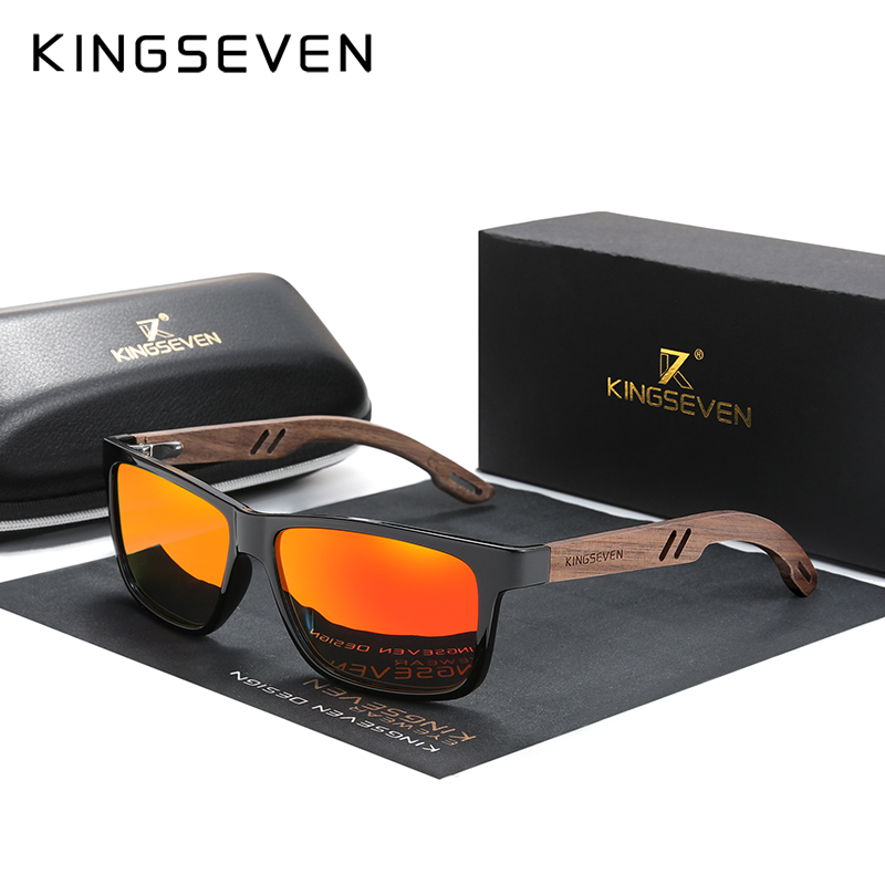 Kingseven 100%  polarisoidut vintage-puiset miesten aurinkolasit, puinen  uv400 suojakerroin, neliönmuotoiset aurinkolasit naisille, gafas de sol: Punainen