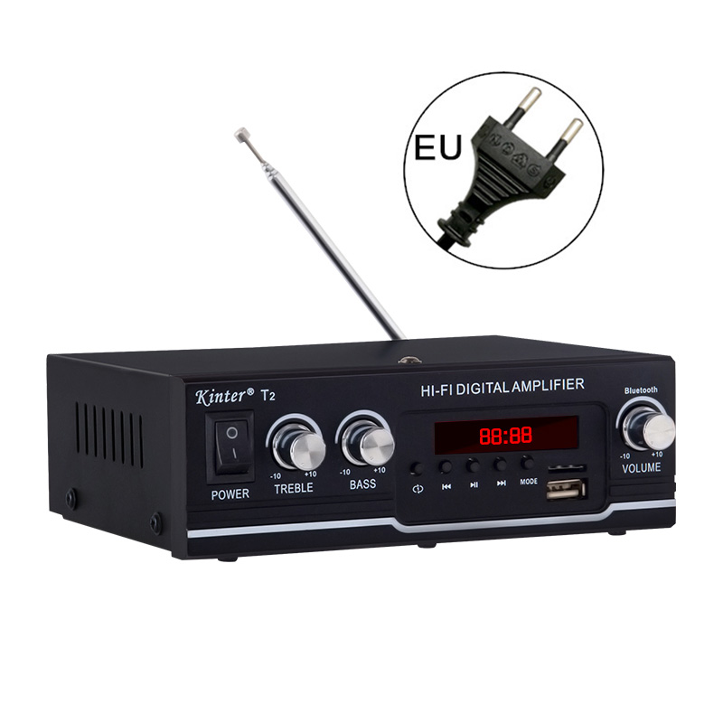 Kinter T2 Hifi voiture amplificateur Audio 2.0CH 20W son stéréo pour bluetooth USB TF entrée FM alimentation radio AC220V DC 12V noir: EU Plug