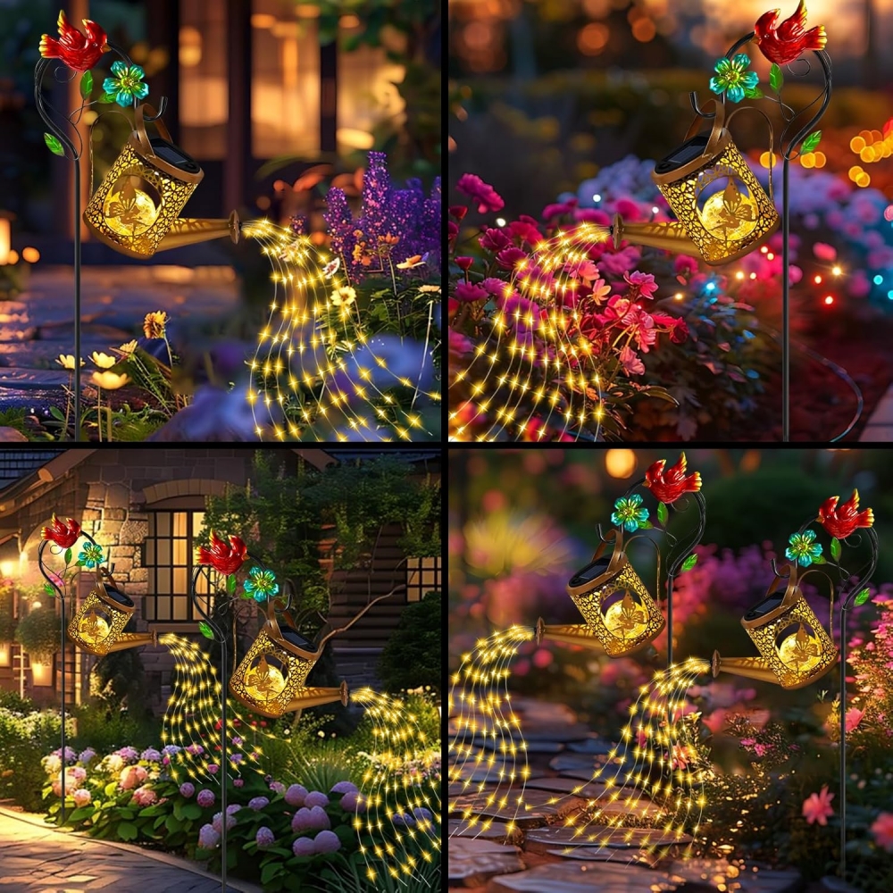 Fairy Solar Watering Can Lights Outdoor Waterfall Garden String Fairy Lights Solar Metal Kettle Projection Light Garden Decor