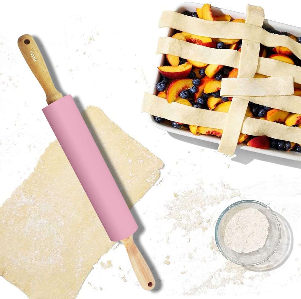 Ehz kagerulle 18.9 tommer rustfrit stål silikone rullehjul brød toast pizza dej bagning non-stick massivt træ håndtag pink