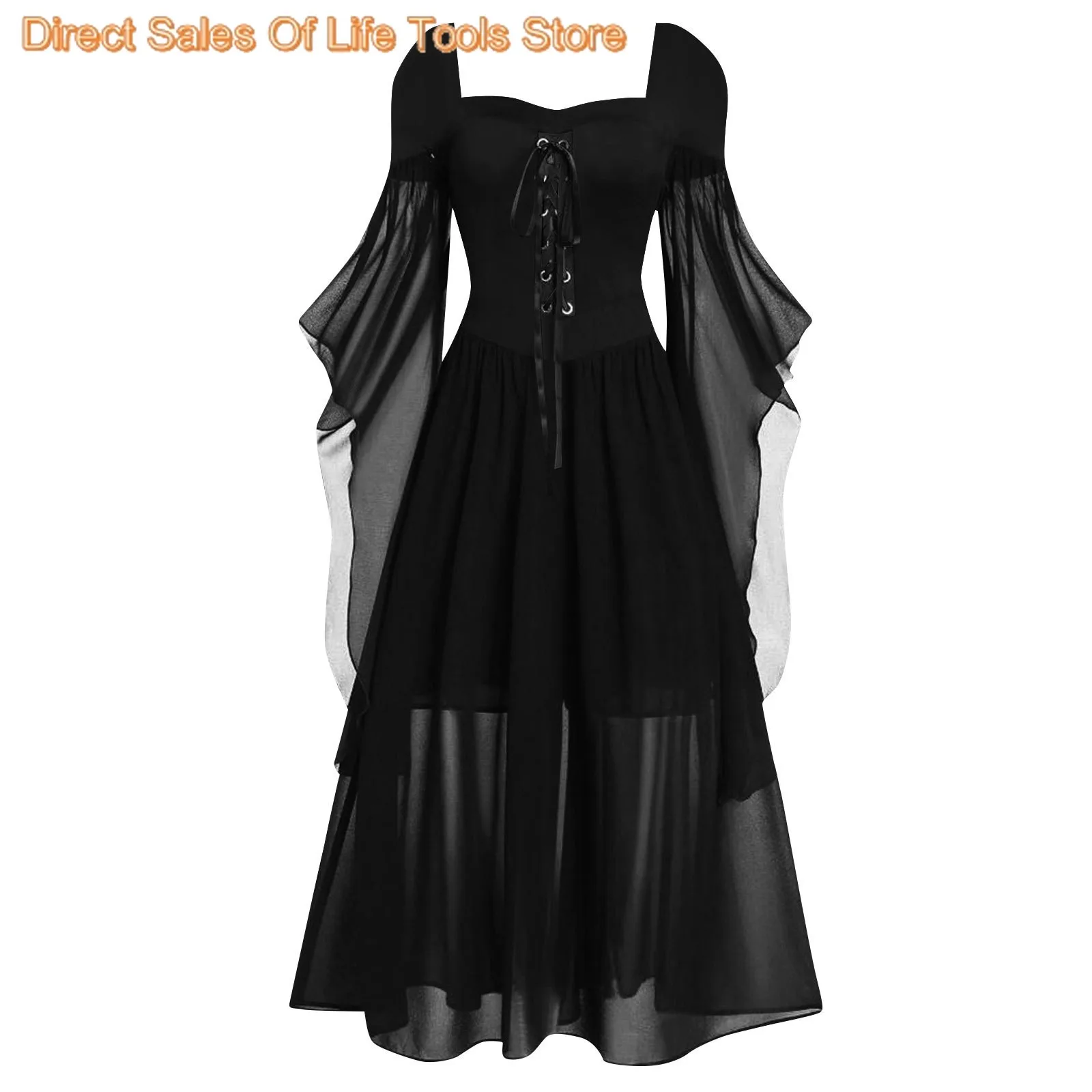 2024 Medieval Witch Dress For Women Halloween Carnival Women Plus Size Cold Shoulder Butterfly Sleeve Halloween Gothic Dress