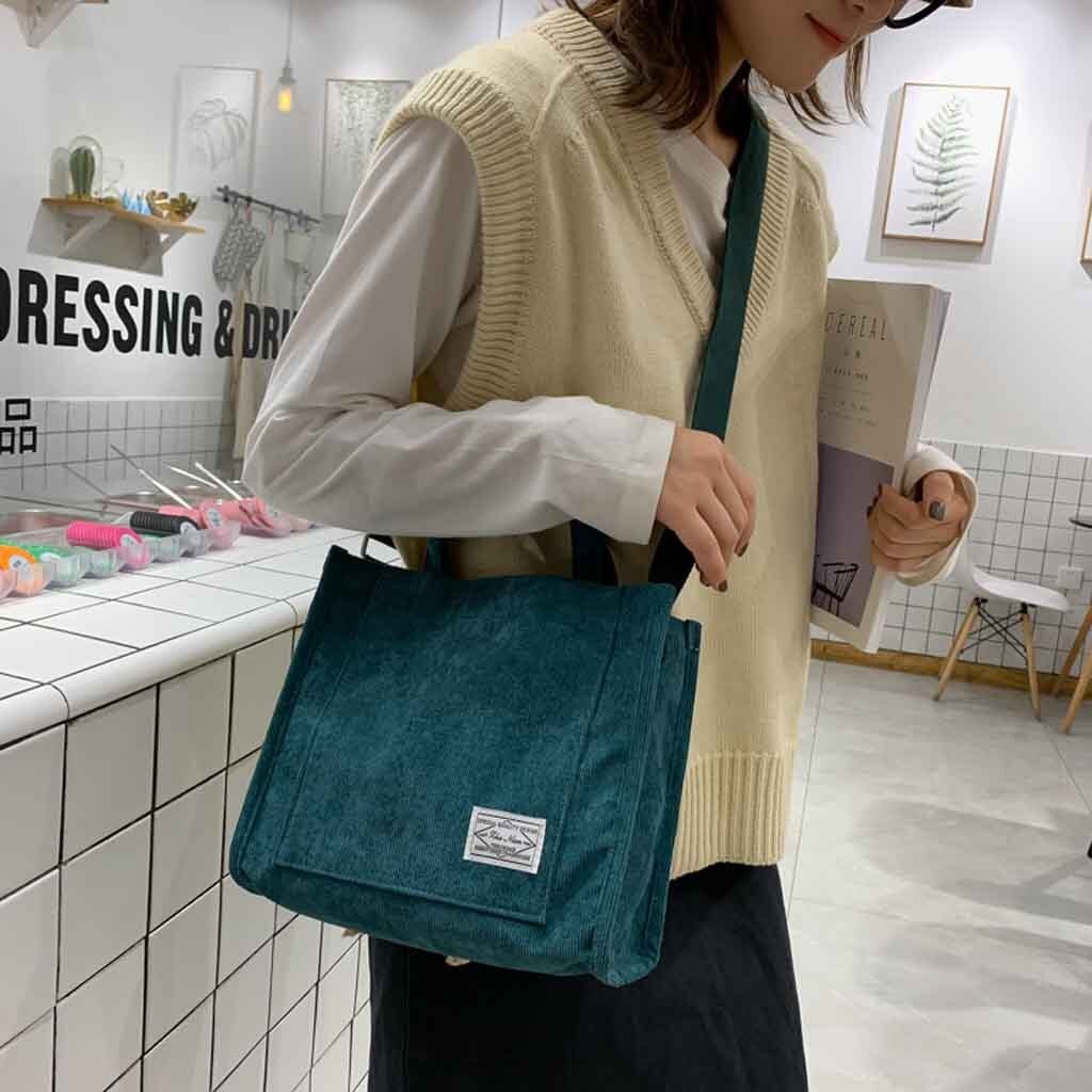 #H40 Canvas Tote Bags Women Simple Corduroy Cross Body Bag Purses And Handbags Country style Shoulder Messenger Bag: Green