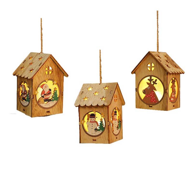 Houten Kerst kleine huis ornamenten Kerst houten huis kerstversiering gloeiende sneeuw huis