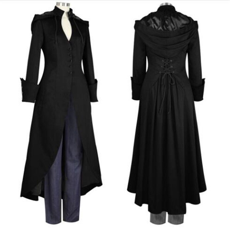 4XL Medieval Retro Hooded Coats Long Trench Women Vintage Gothic Steampunk Trench Coat Female Cosplay Costume Outwear