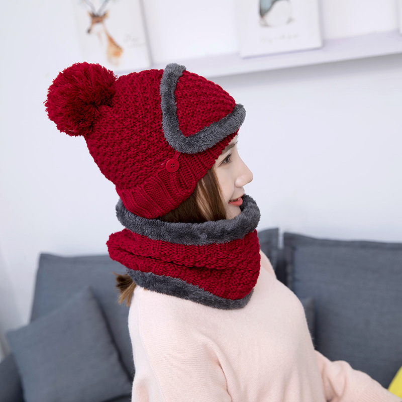 Håndstrikkede hatte kvinders hat vinterkold hatdragt koreansk varme hatte kombination: Burgunder