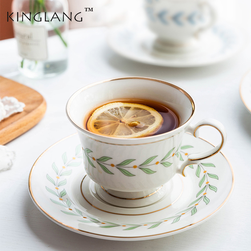 Kinglang leaf rim mugg afternoon tea set europeiskt litet lyxigt keramisk kopp fat set hushålls kaffemugg med fat