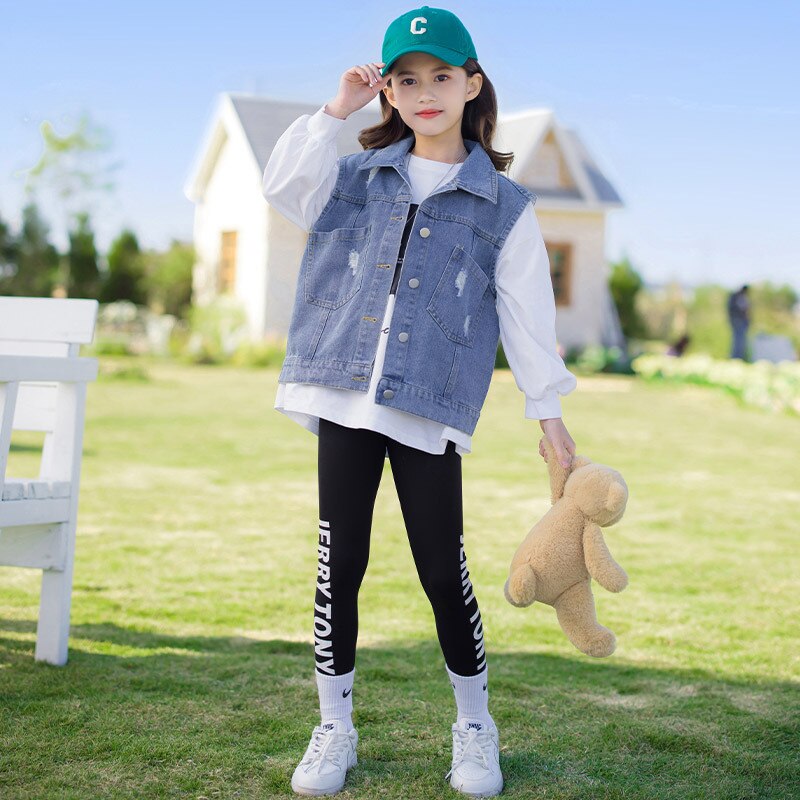 Gilet di jeans per ragazze primavera 2022 nuovo abbigliamento esterno gilet per bambini autunno gilet 4 5 6 7 8 9 10 gilet per bambini invecchiato cappotto abbigliamento per ragazze