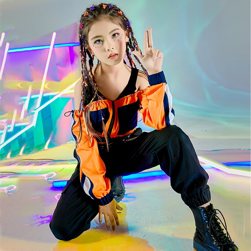 Ballroom Hip Hop Dance Costumes For Kids Long Sleeve Tops Black Loose Pants Girls Jazz Street Dance Wear Rave Clothes DN7178