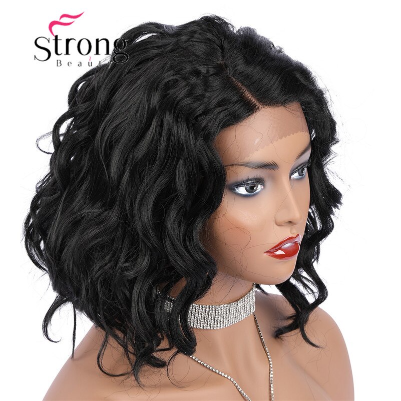 StrongBeauty Synthetische Lace Front Pruik Golvend Bob Kapsel Hittebestendige/Side Deel Natuurlijke Zwarte Pruik vrouwen Korte
