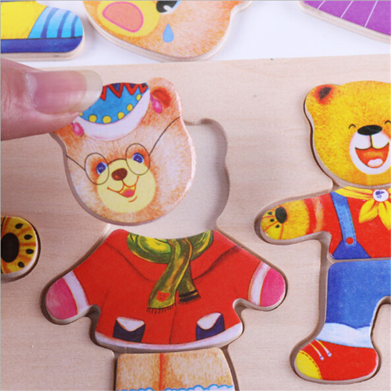 Kids Kinderen Houten Speelgoed Houten Puzzel Set Baby Educatief Speelgoed Beer Omkleden Puzzels