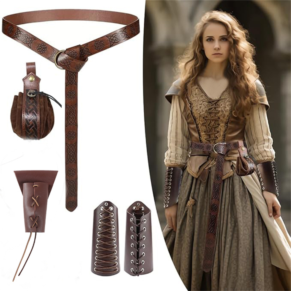 5PCS Halloween Costume Accessories Set Medieval Renaissance Knight Belt Viking Vintage Sac Cosplay Props Leather Waist Belt Set: Brown