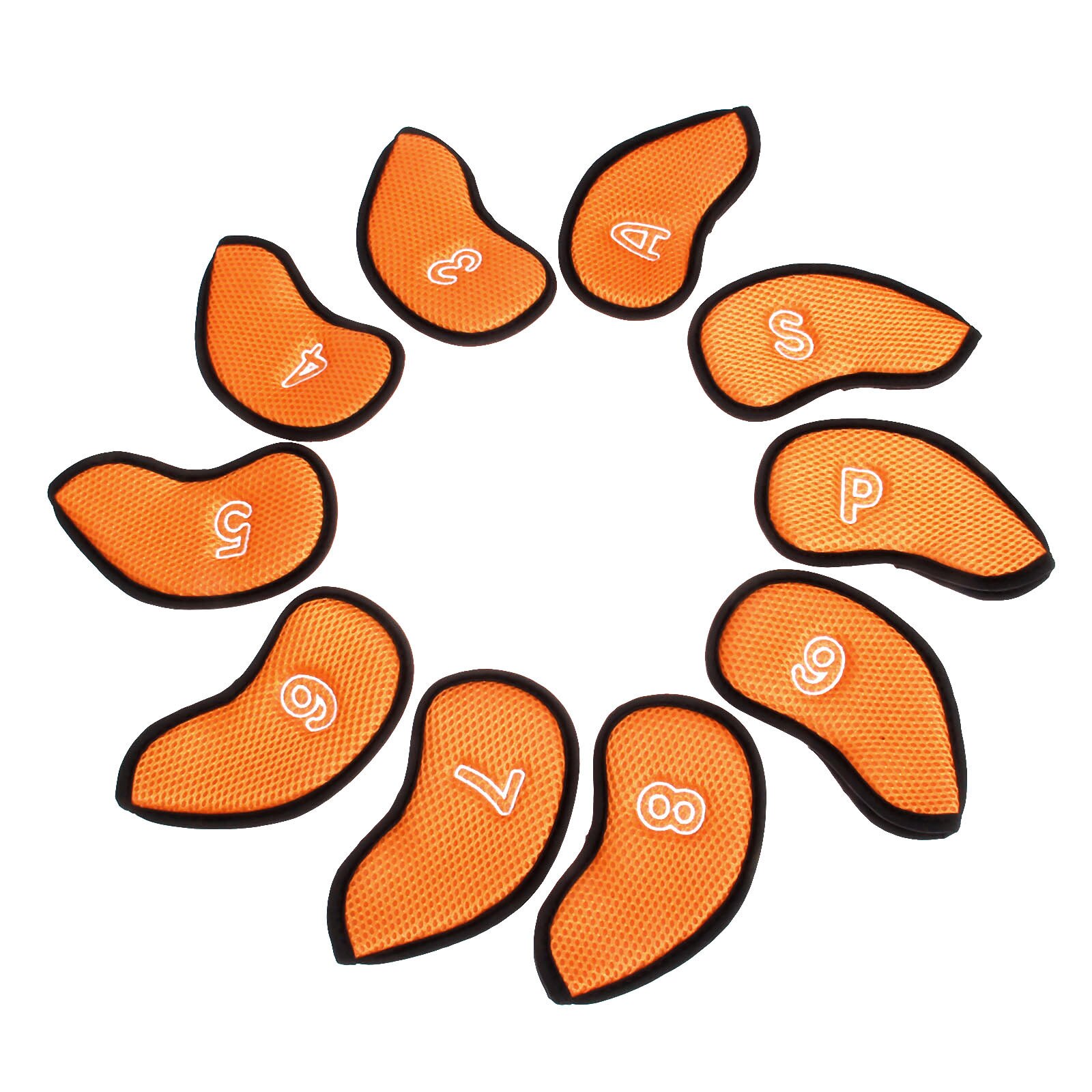10 stk golfklubhoveddæksler af neoprennet mesh beskyttelsessæt med nummer  (3,4,5,6,7,8,9, a, s, p) passer til de fleste standardklubber: Orange