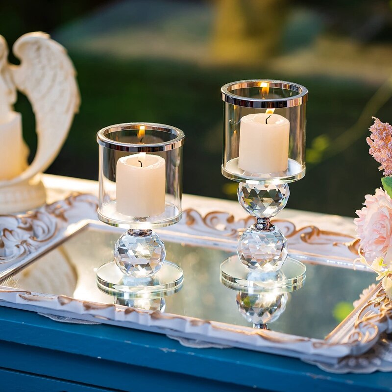 Crystal Glass Pillar Candle Holder Clear Glass Candle Holder with Glass Covers for Table Centerpiece Decoration