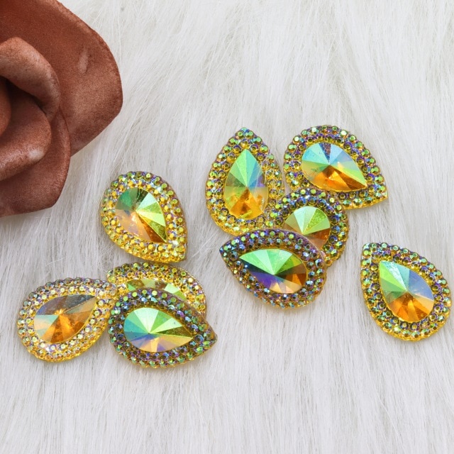 Gema de cristal con forma de gota brillante y colorida, pedrería de resina plana de 13x18mm para costura, apliques artesanales de boda, 25 uds.: Yellow