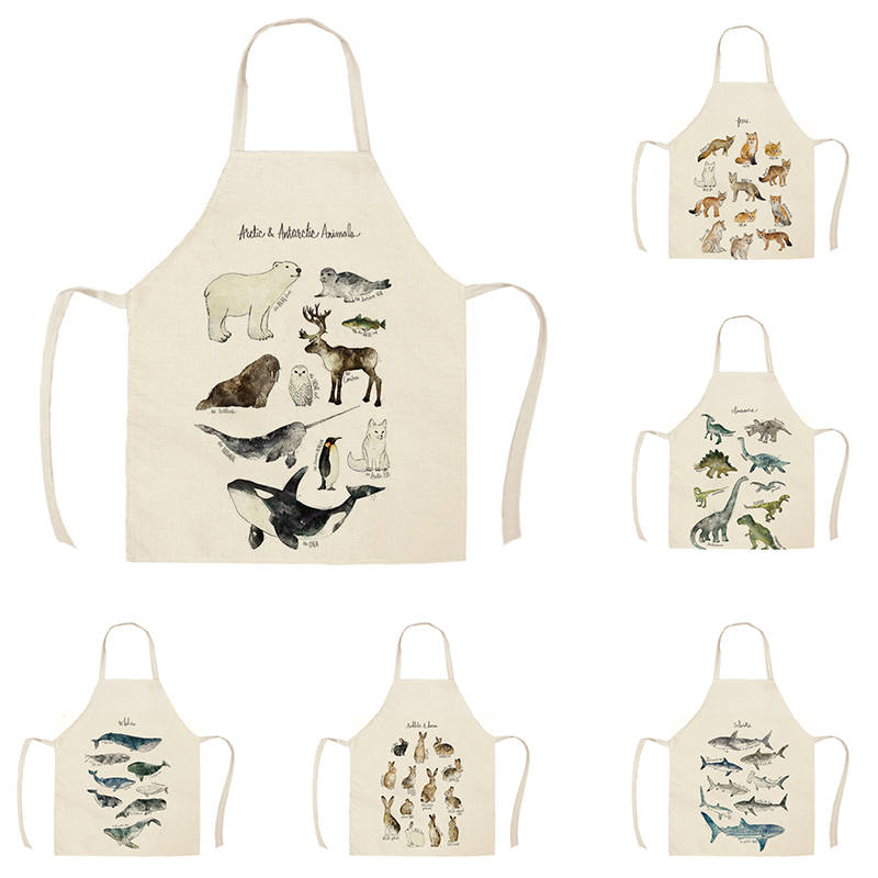 Linned dyr seris dinosaur haj kanin print køkkenforklæder unisex middag madlavning hagesmæk sjov pinafore rengøringsforklæde wqf 594