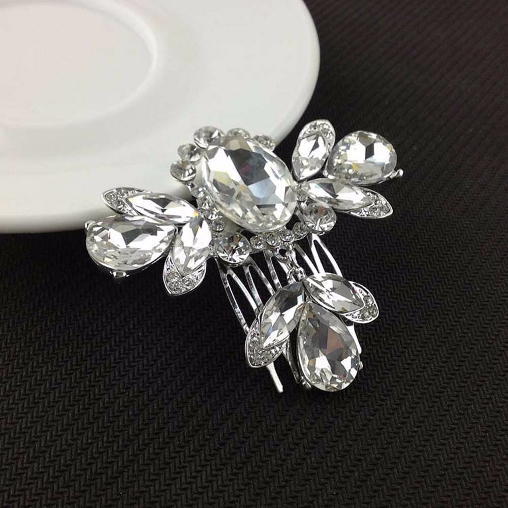 Frauen Mädchen Braut Hochzeit Silber Farbe Kristall Strass Diamant Blume Haar Clip Kamm Stift Bekleidung Zubehör Headwear Haar: Nachgemachter Rhodium überzogen