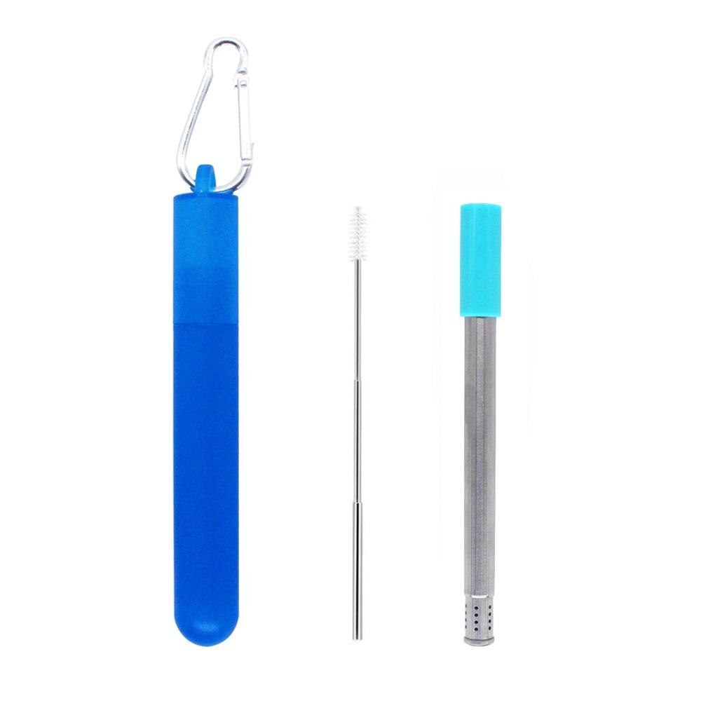 Paille à deux sections réutilisable, avec trou de filtre et brosse à paille rétractable pour le thé, etc.: Blue silver