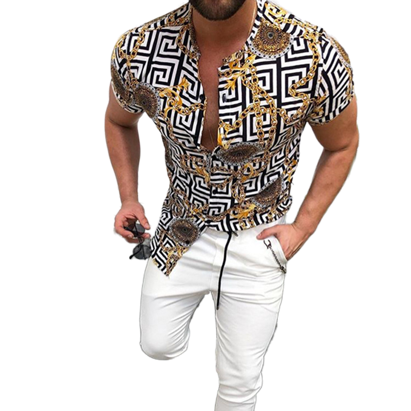 Sommer nation stil mand skjorte herrer etnisk trykt stand krave stribe kortærmet løs hawaiisk henley skjorte