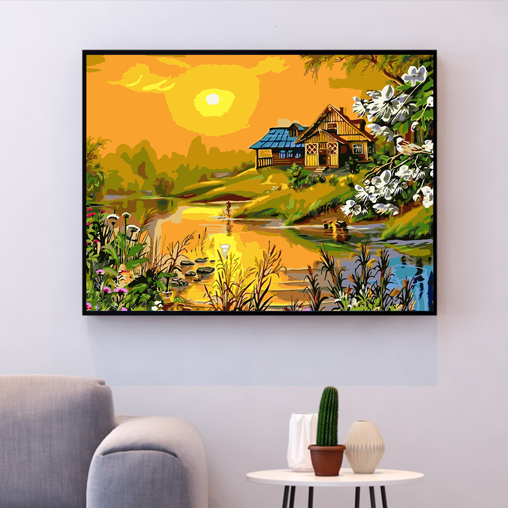 HUACAN peinture à l'huile par numéros coucher de soleil paysage acrylique dessin toile photo pour adulte mur Art décoration bricolage
