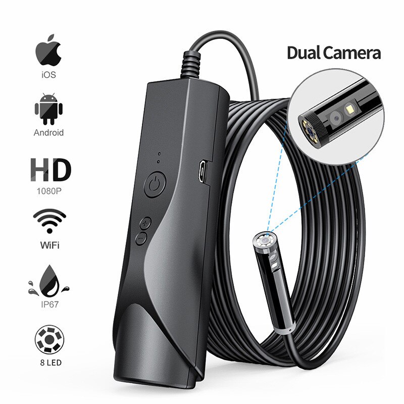 Newest WiFi Endoscope Camera 1080P HD 8mm Lens IP67 Dual Camera Led Light with 5m Hard Cable Endoscope for Android IPhone