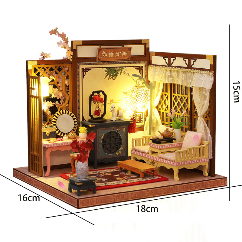 DIY Holz Puppe Haus Bausatz Montiert Miniatur Möbel mit Zubehör Chinesische Casa Licht Puppenhaus Spielzeug für Erwachsene Weihnachten