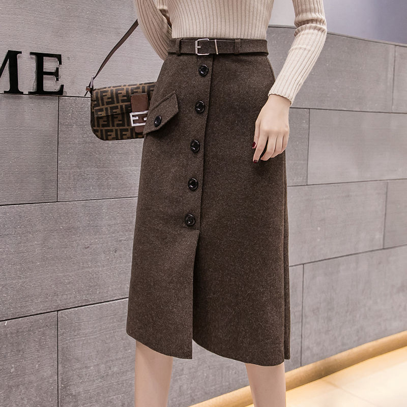 Autumn Winter Women's Single-breasted Woolen Skirts Female Midi Long Split Skirts Ladies Slim Package Hip Skirts R837: Dark Brown / S