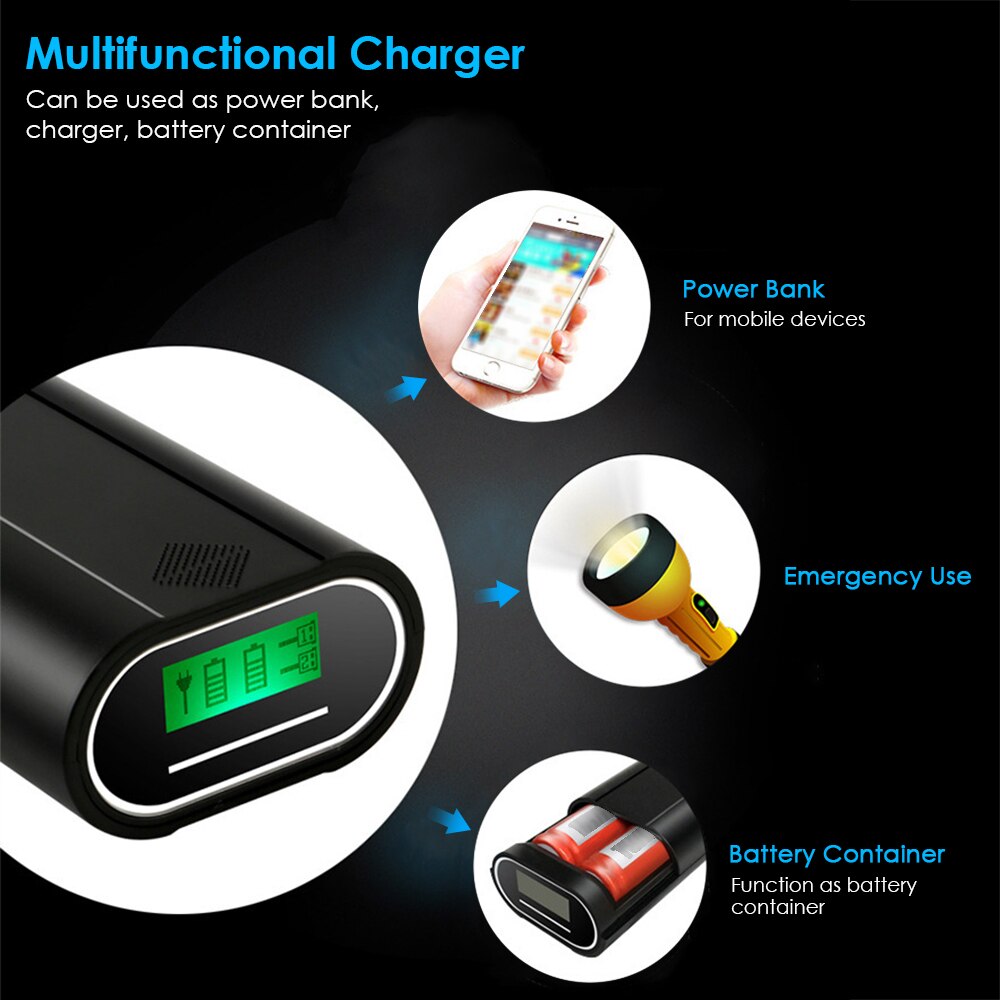 DC5V 10W 4 Slots 18650 Rechargeable Battery Charger Dual USB Charging Port LCD Display