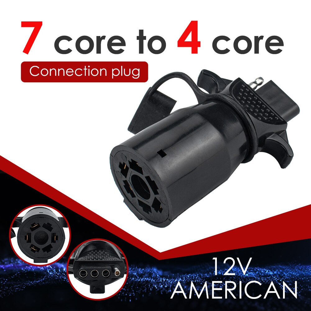 12V Trailer Adapter 7 Way RV Blade Style Round Plug Socket Connector Adapter to 4 Way Flat Plug with Dust Cover