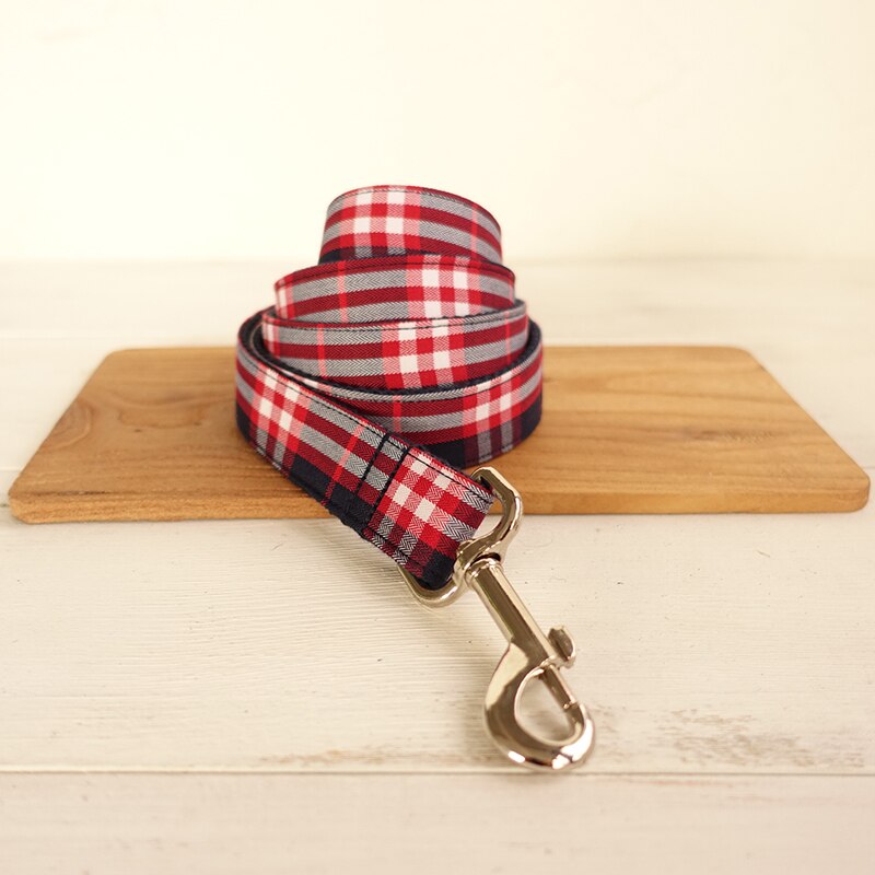 Dog Collar and Leash Set Blue Red Plaid Custom Engrave Name Dog Collars Quick Lease Metal Hardware Pet Collar Big