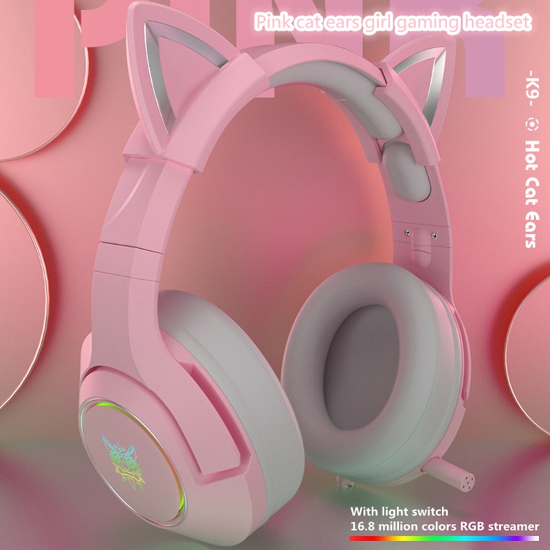 Product K9 Pink Cat Ear Cute Girl Gaming Headset With Mic ENC Noise Reduction HiFi 7.1 Channel RGB Wired Headphone