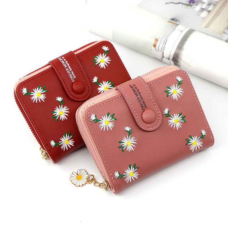 Flower Embroidery Women's Leather Wallet With Coin Pocket Short Purse For Female Ladies Clutch Bag Credit Card Holder