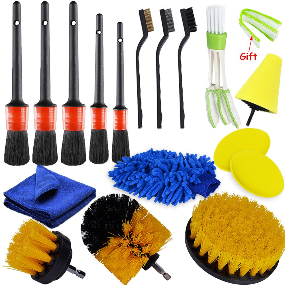 Juego de cepillos de limpieza para coche, herramientas de limpieza de polvo y suciedad, depurador eléctrico, taladro, cepillo para rejillas de aire de cuero: Rojo