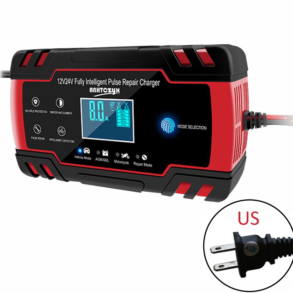 Bil batterilader 12/24v 8a berøringsskjerm pulsreparasjon lcd batterilader for bil motorsykkel blysyre batteri agm gel våt: Us plug