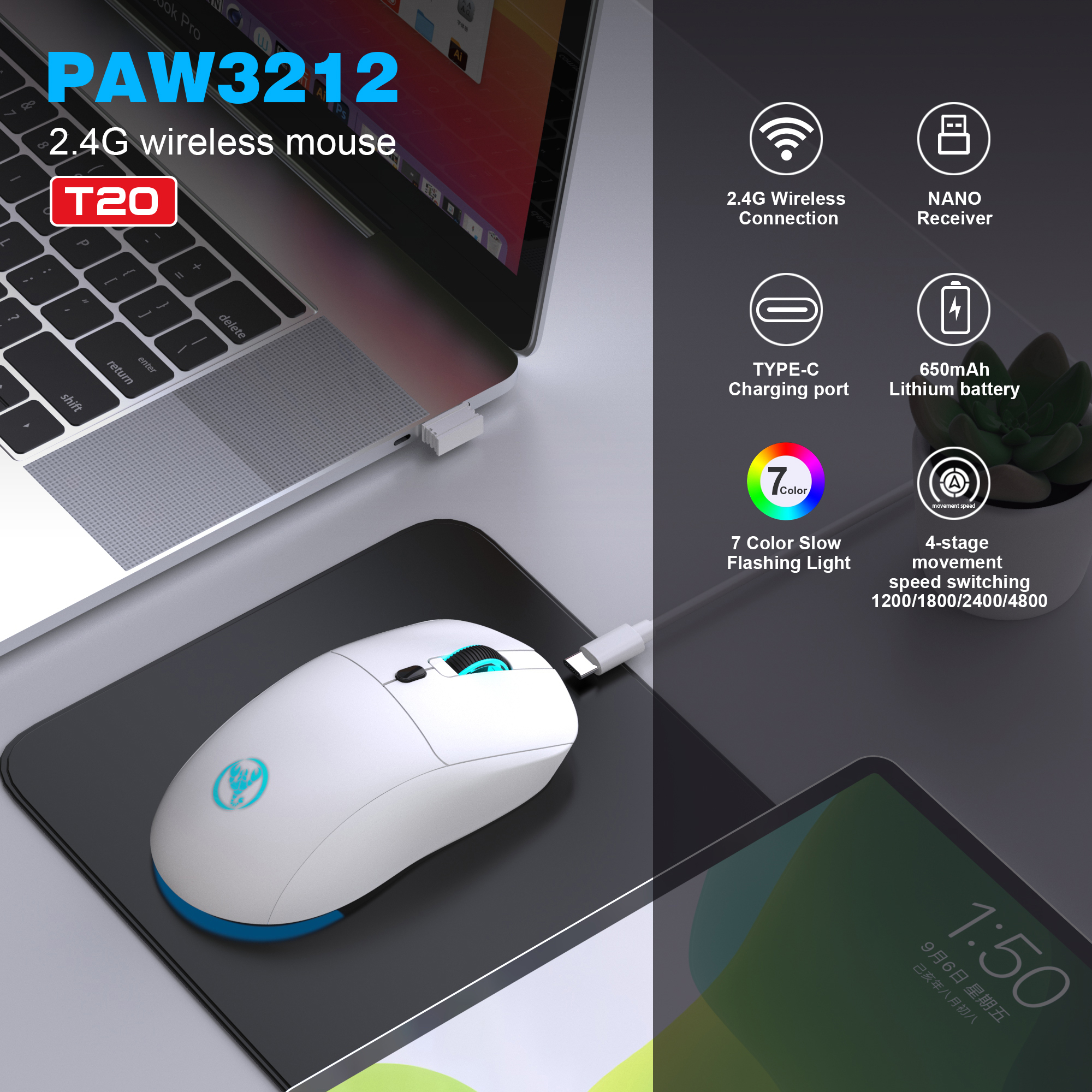 Bezprzewodowa mysz USB 2,4G z możliwością ładowania, regulowana 3600 dpi, 7 kolorów, wygodne myszy RGB do domowego biura, laptopa, komputera dla graczy