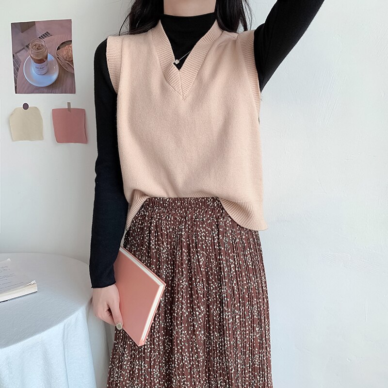 Sweater Vest Women V-neck Solid Knitted All-match Office Ladies Sleeveless Outwear Popular Soft Chic Leisure Korean