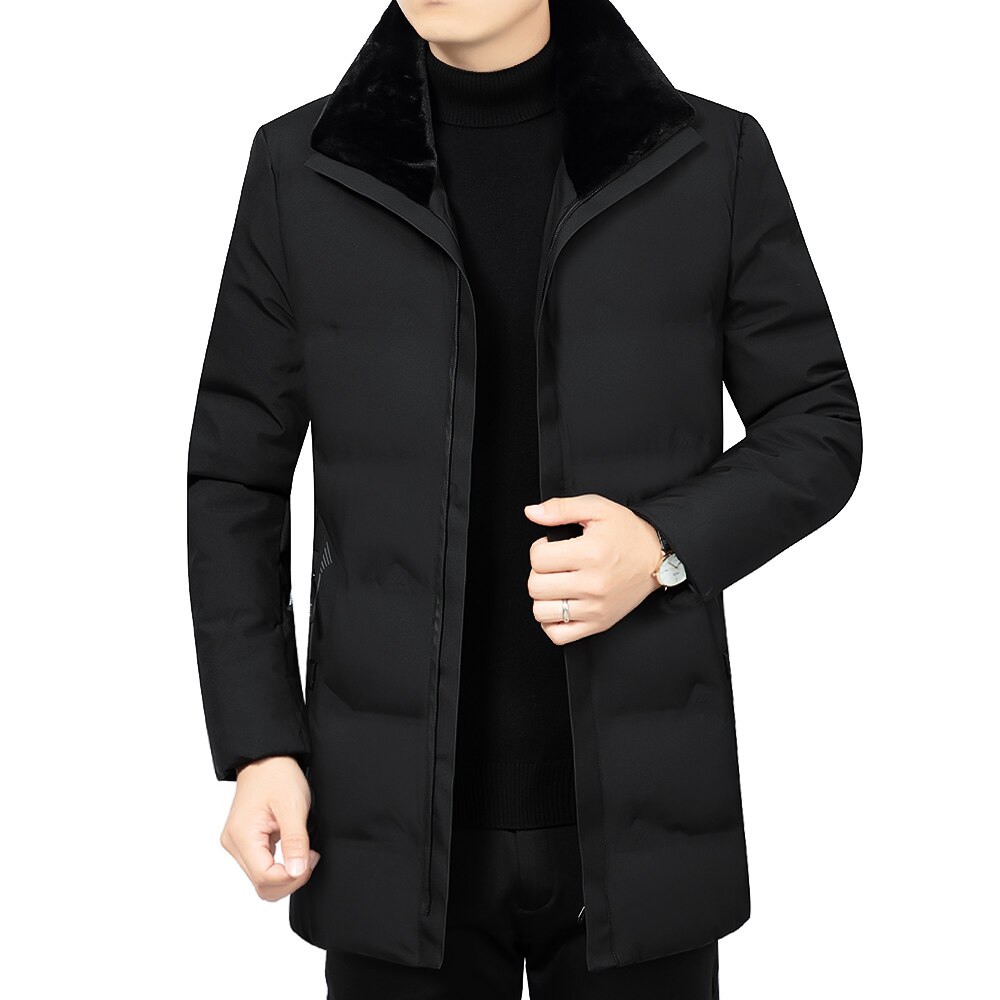 Mænd vinterparka mellemlang behåret på kraven varm jakke outwear vindtæt frakke turn-down krave plus str. 5xl: Sort / Xl for 160 cm 60kg